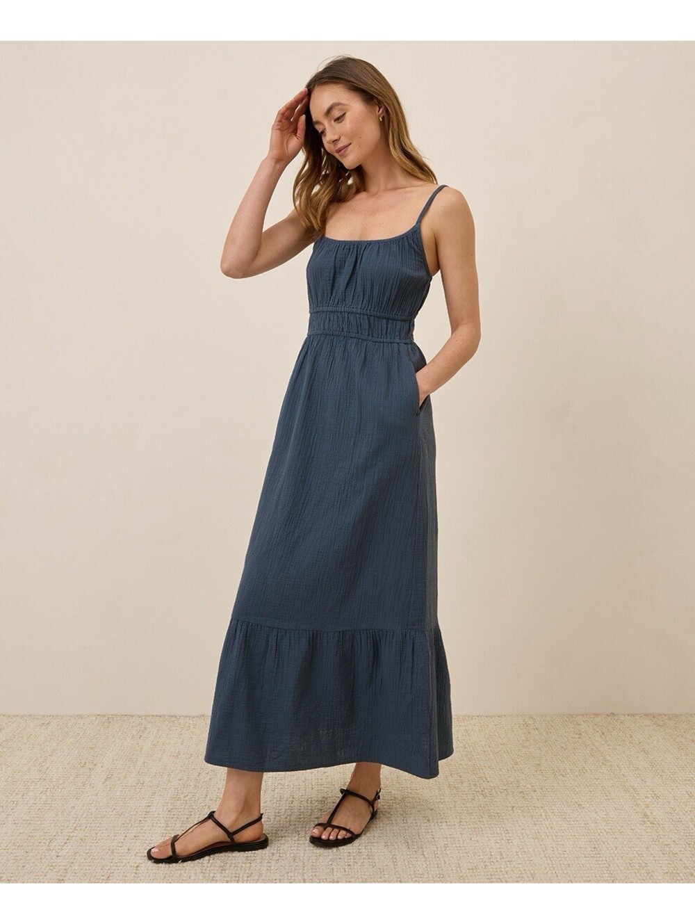 Pact Women's Coastal Double Gauze French Navy Cami Maxi Dress Size M Bohemian